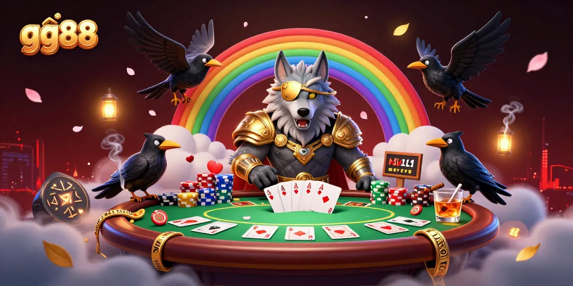 Win big with gg88 in a vibrant casino scene featuring card games and Norse mythology-inspired elements.