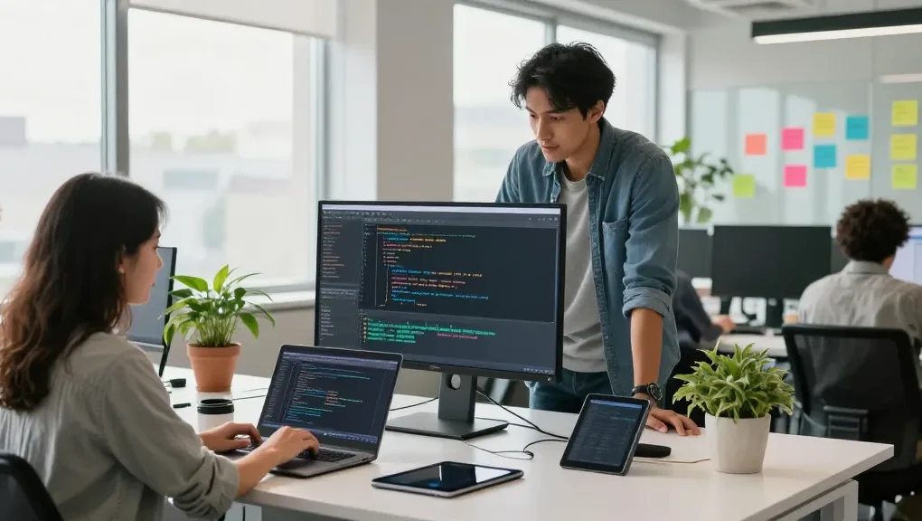 Collaboration at an RTI scheduler software development workspace with diverse team members discussing coding on a large monitor.
