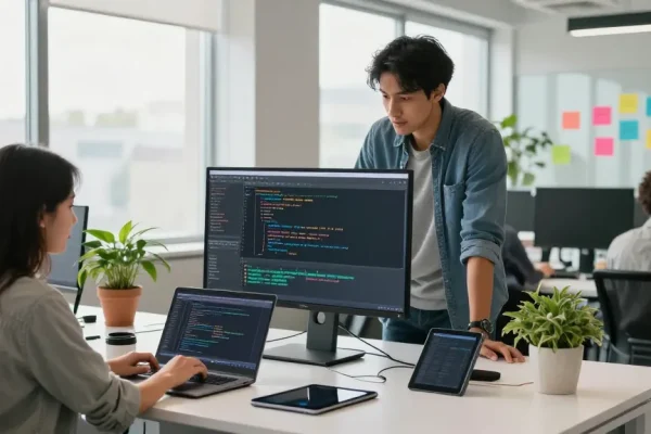 Collaboration at an RTI scheduler software development workspace with diverse team members discussing coding on a large monitor.