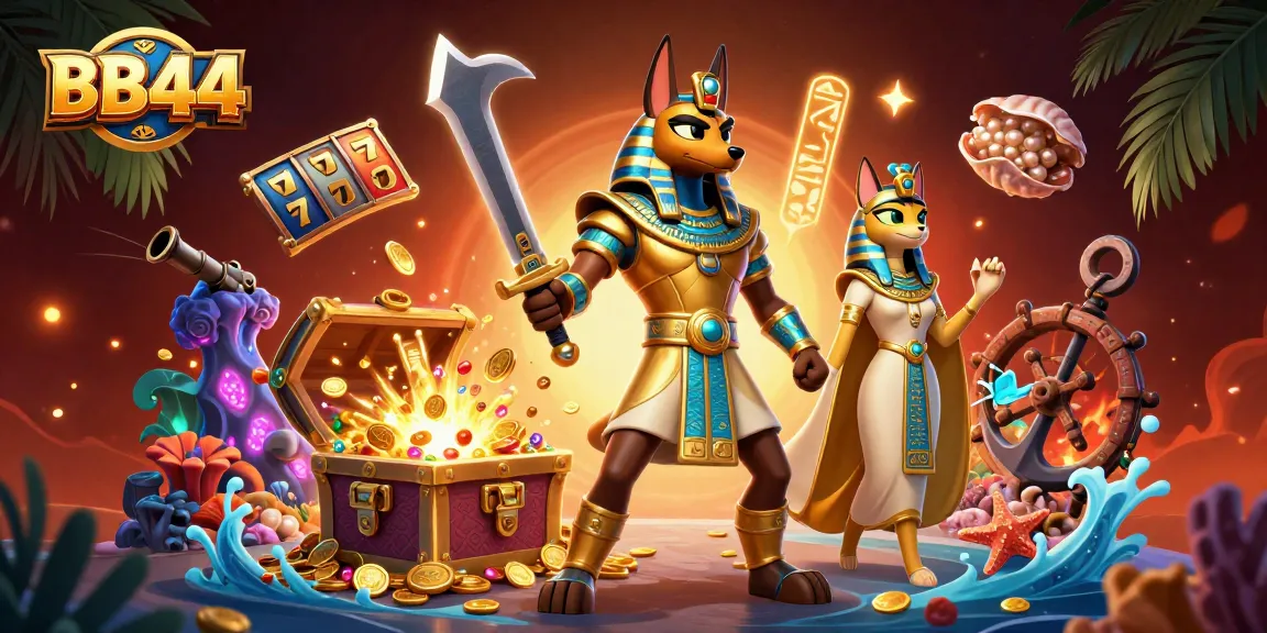 Engage with BB44's thrilling gaming adventure featuring Anubis and Bastet amidst ancient treasures.