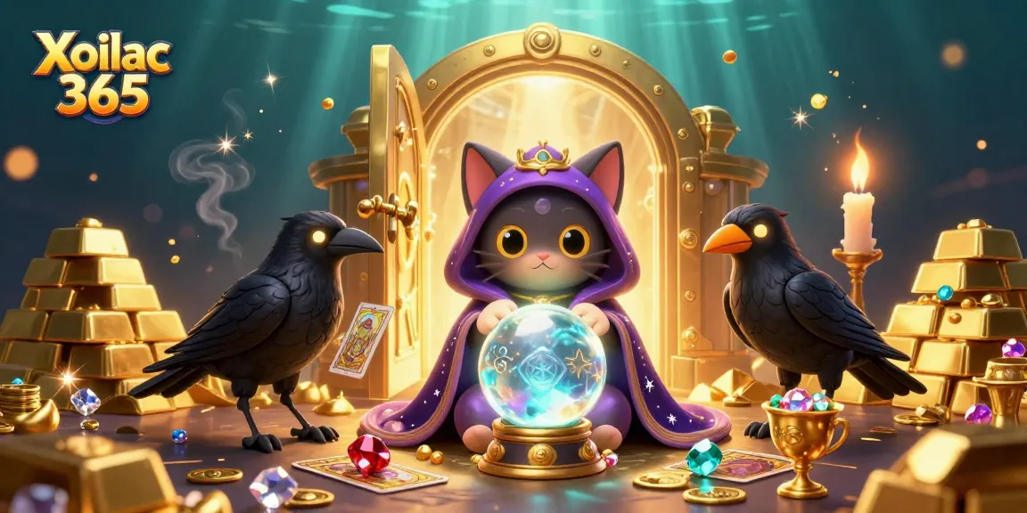 Xoilac 365 features a mystic fortune teller cat revealing winning strategies with gems and gold in a vibrant scene.
