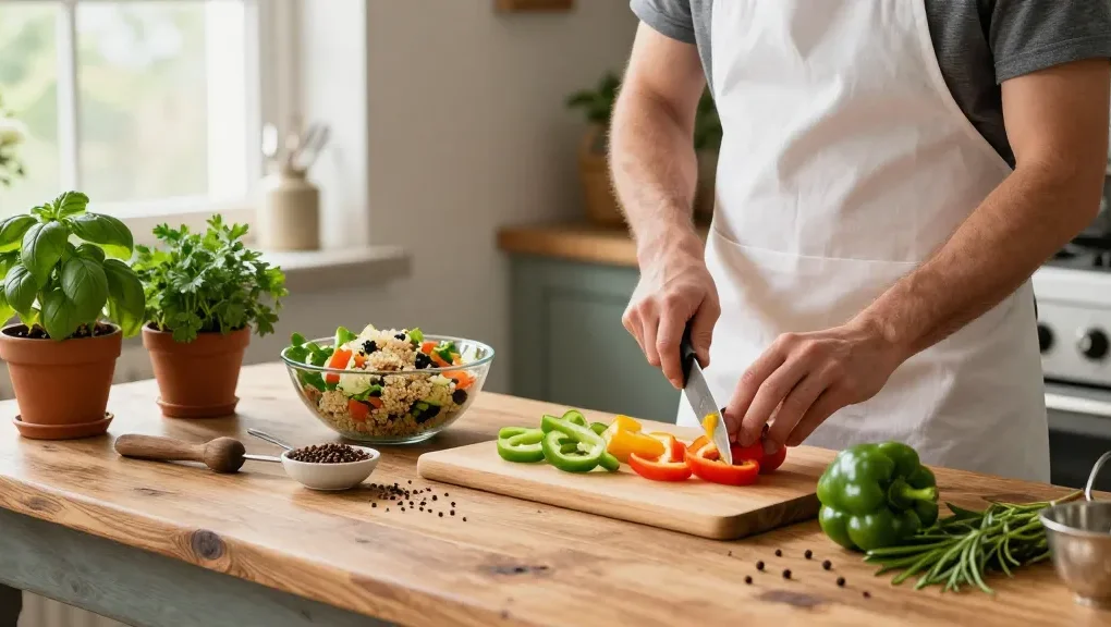 เว็บสล็อต แท้ 100 เปอร์เซ็นต์ nutrition-focused kitchen scene featuring a chef preparing a vibrant salad with fresh vegetables.