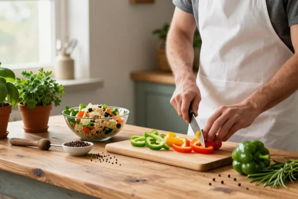 เว็บสล็อต แท้ 100 เปอร์เซ็นต์ nutrition-focused kitchen scene featuring a chef preparing a vibrant salad with fresh vegetables.
