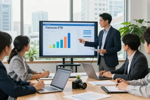 Equipo diverso en reunión sobre facturas ETB en oficina moderna, analizando datos financieros.