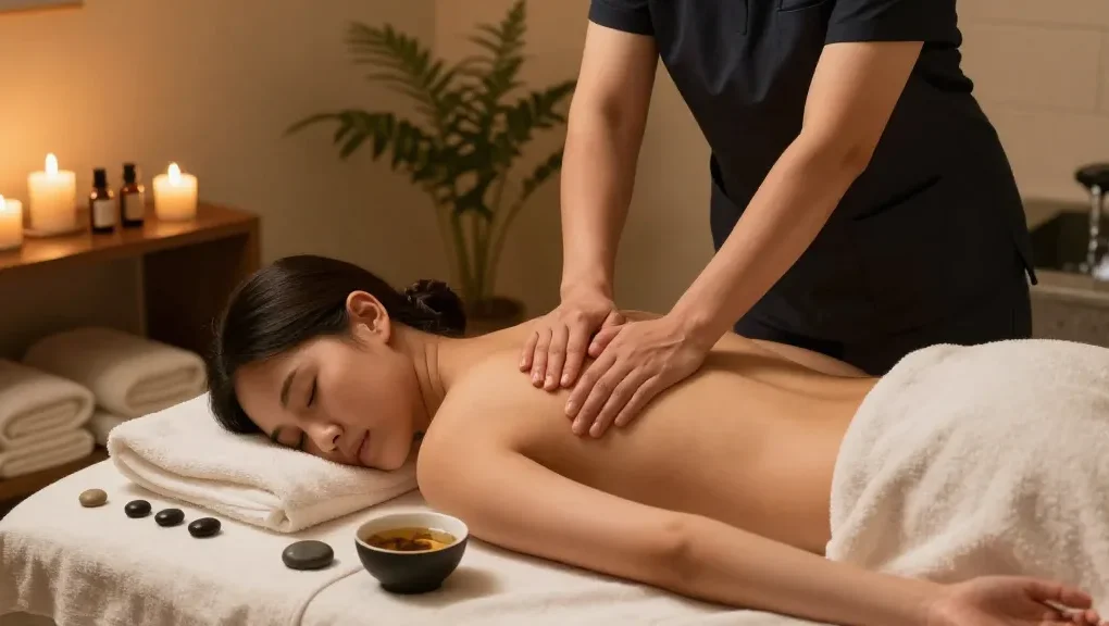 Client experiencing rejuvenating 일산출장안마 in a serene spa environment surrounded by calming elements.