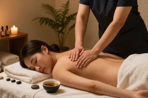Client experiencing rejuvenating 일산출장안마 in a serene spa environment surrounded by calming elements.