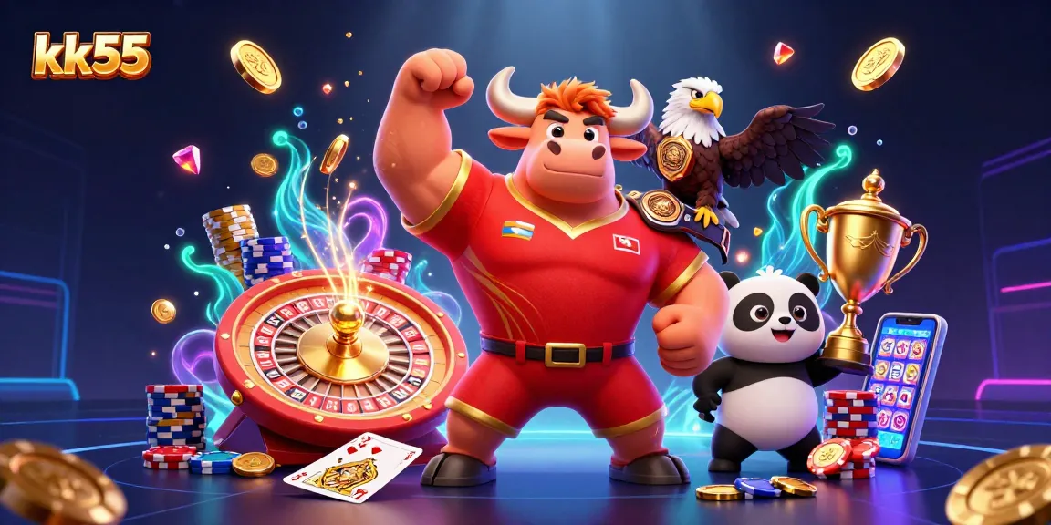 kk55 offers thrilling casino action with a vibrant 3D scene featuring mascots and casino elements.
