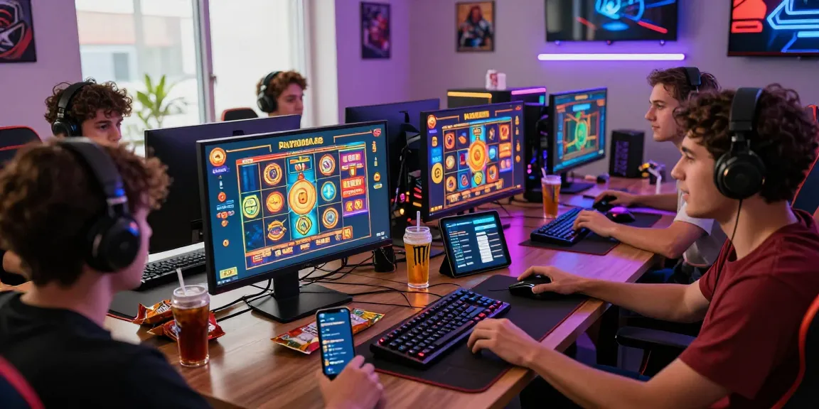 Playbook88 gaming experience with friends enjoying vibrant slot games on high-resolution screens in an energetic atmosphere.