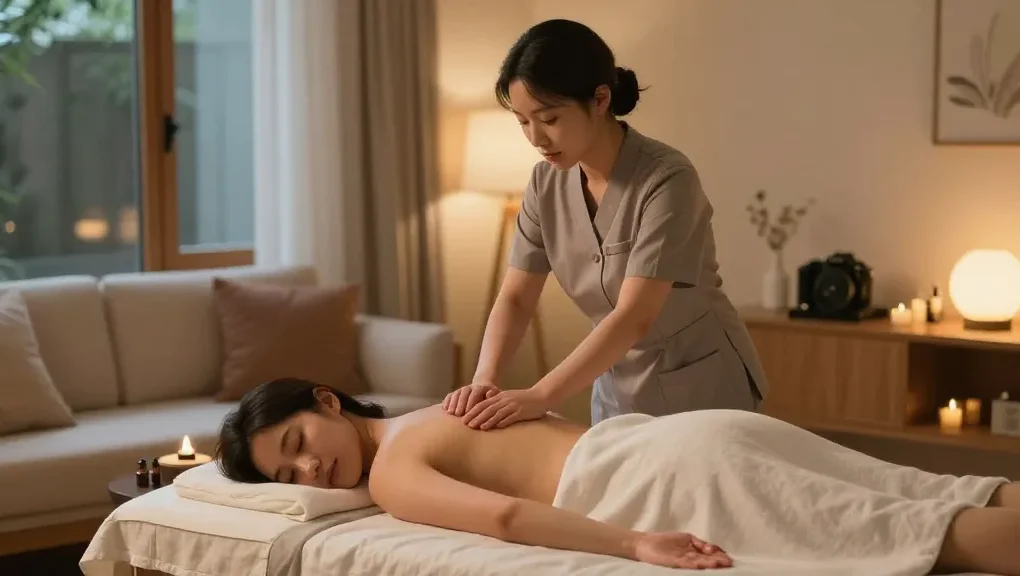 Enjoying 용산출장마사지 in a calming home environment with a professional therapist.