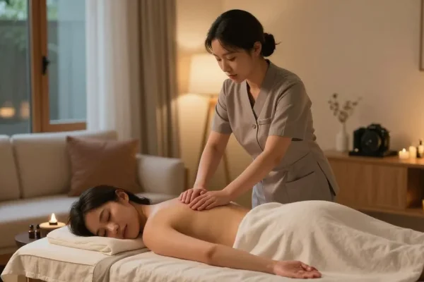 Enjoying 용산출장마사지 in a calming home environment with a professional therapist.