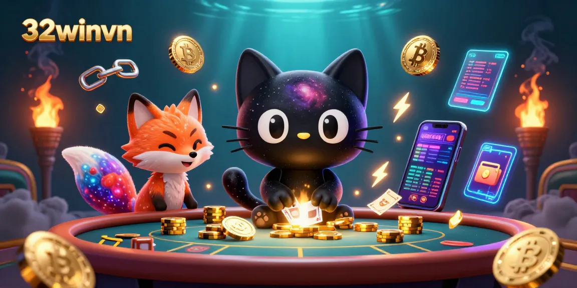 Experience thrilling gameplay at 32winvn with a cartoon cosmic casino scene showcasing vibrant characters and crypto elements.
