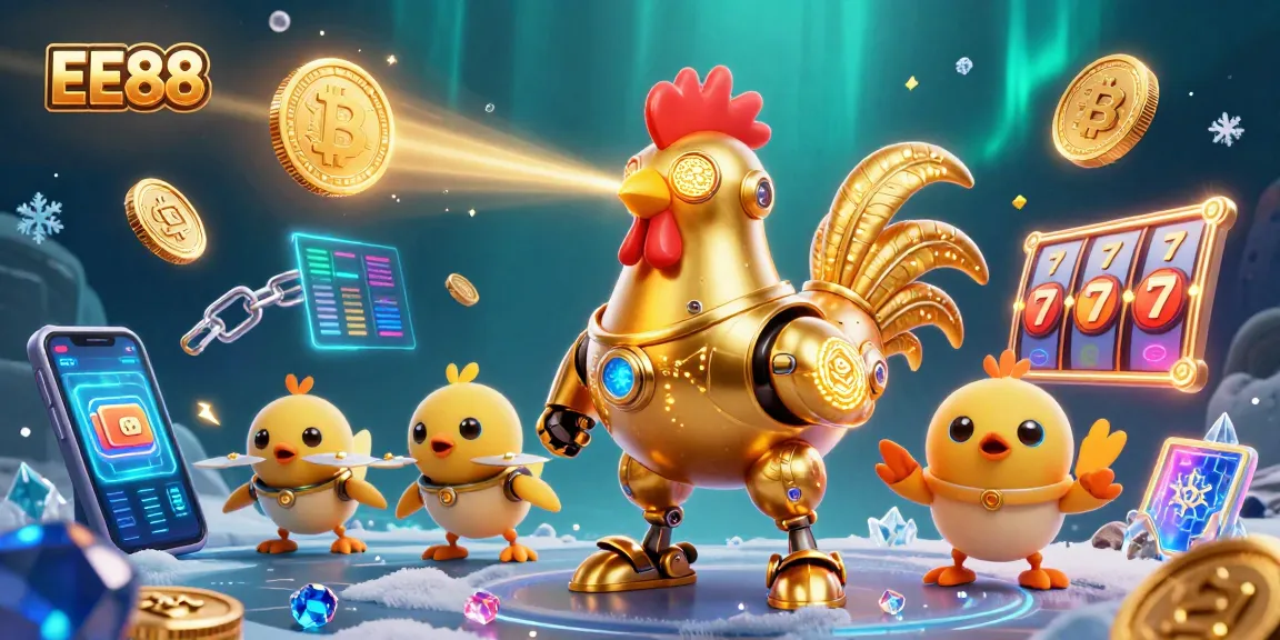 Experience EE88's vibrant slot reel excitement with retro-futuristic golden rooster robot.