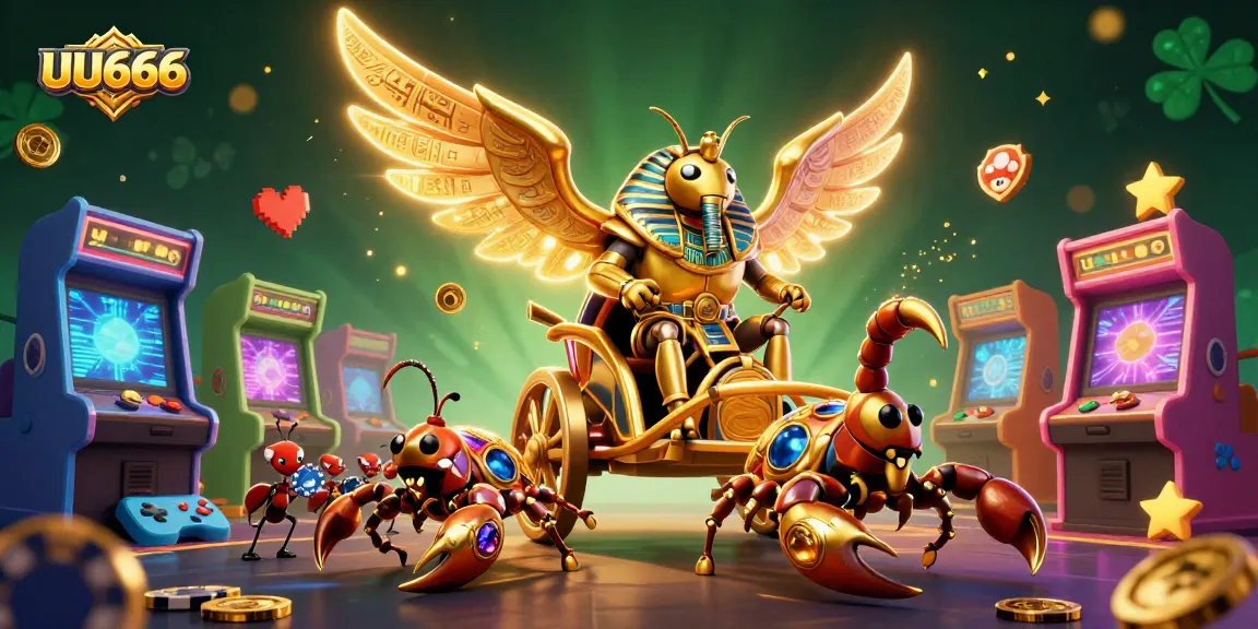 Experience thrilling gameplay at UU666 with a captivating scene of a golden scarab and casino elements.